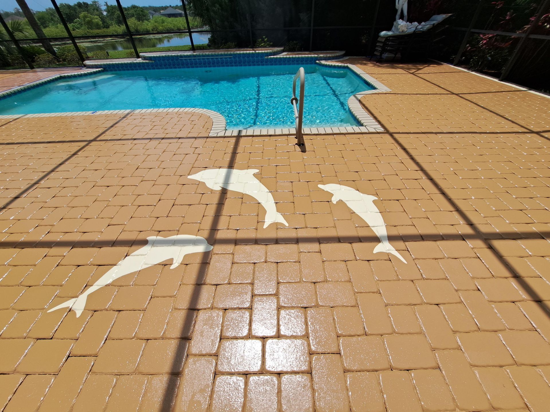 A swimming pool with dolphins painted on the side of it