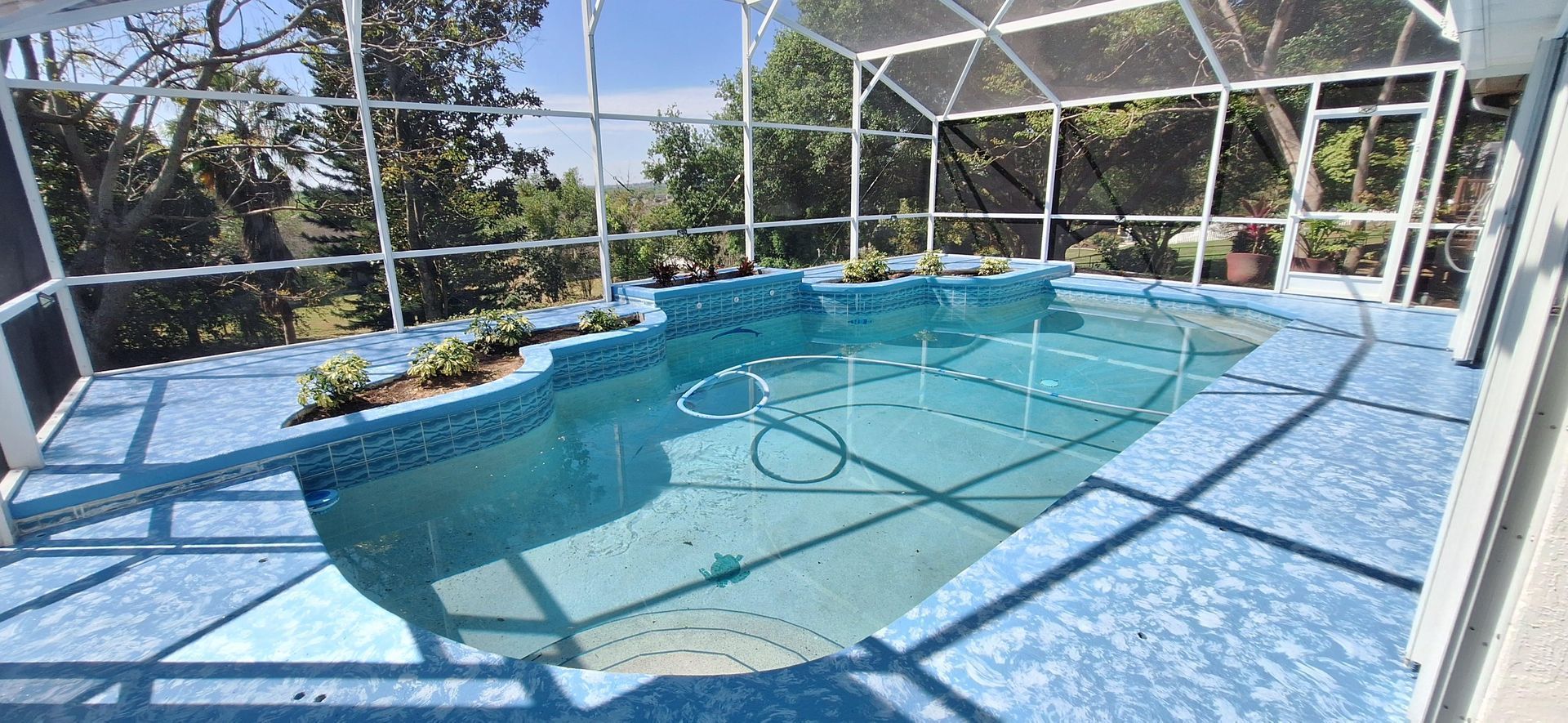 A large swimming pool is surrounded by a screened in area.
