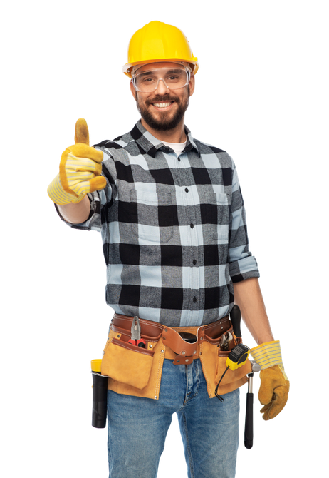 A man wearing a hard hat and gloves is giving a thumbs up.