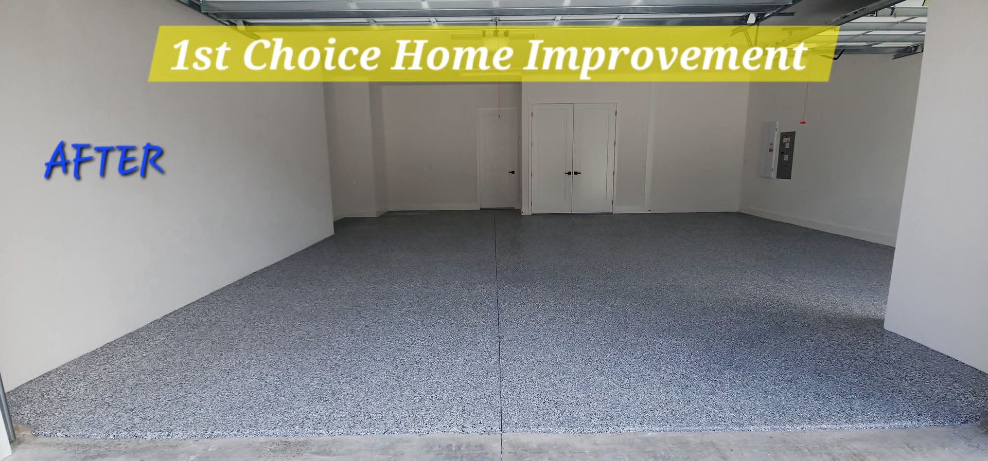 A garage with a shiny floor and a garage door open.