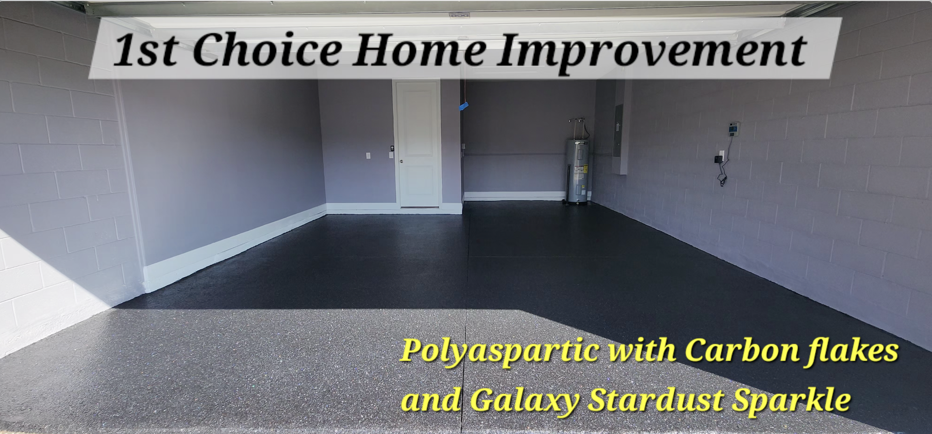 Garage with dark floor, gray walls, 