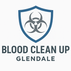 Logo for Blood Clean Up Glendale, featuring a blue shield with a biohazard symbol inside.