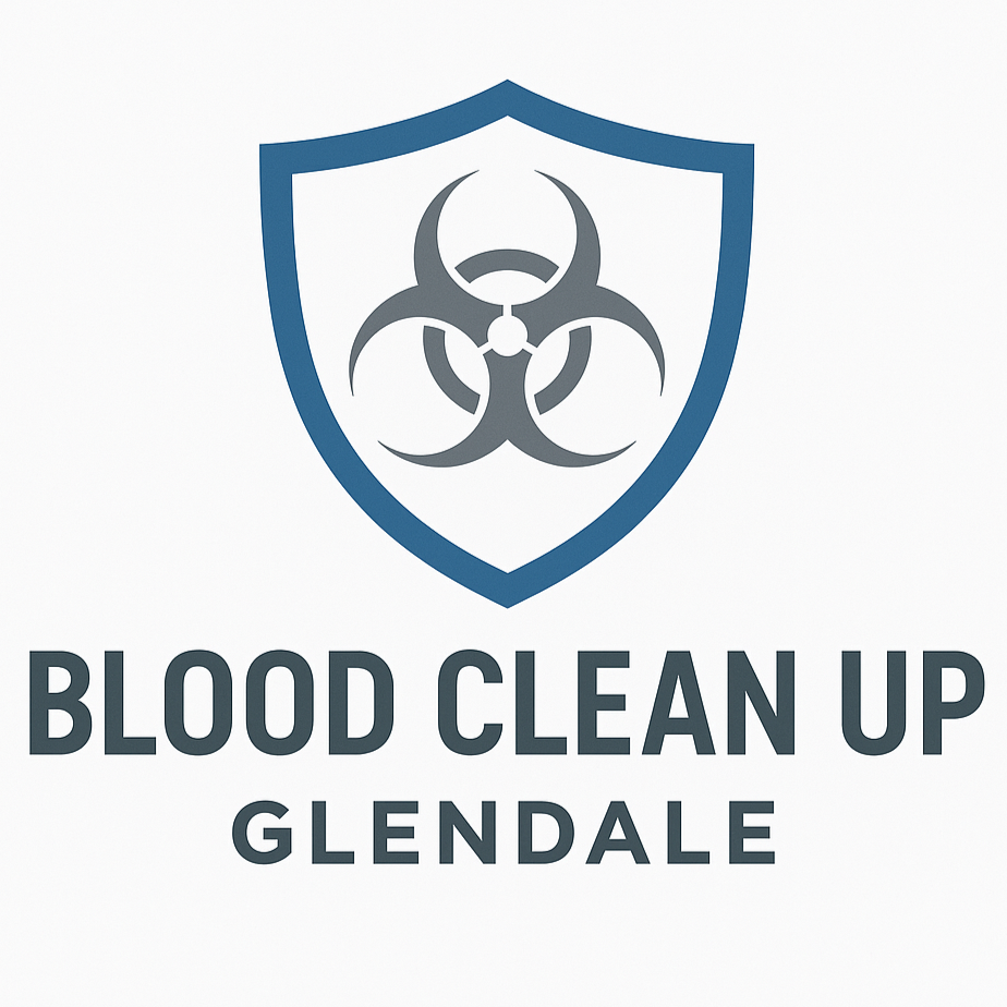 Logo for Blood Clean Up Glendale, featuring a blue shield with a biohazard symbol inside.