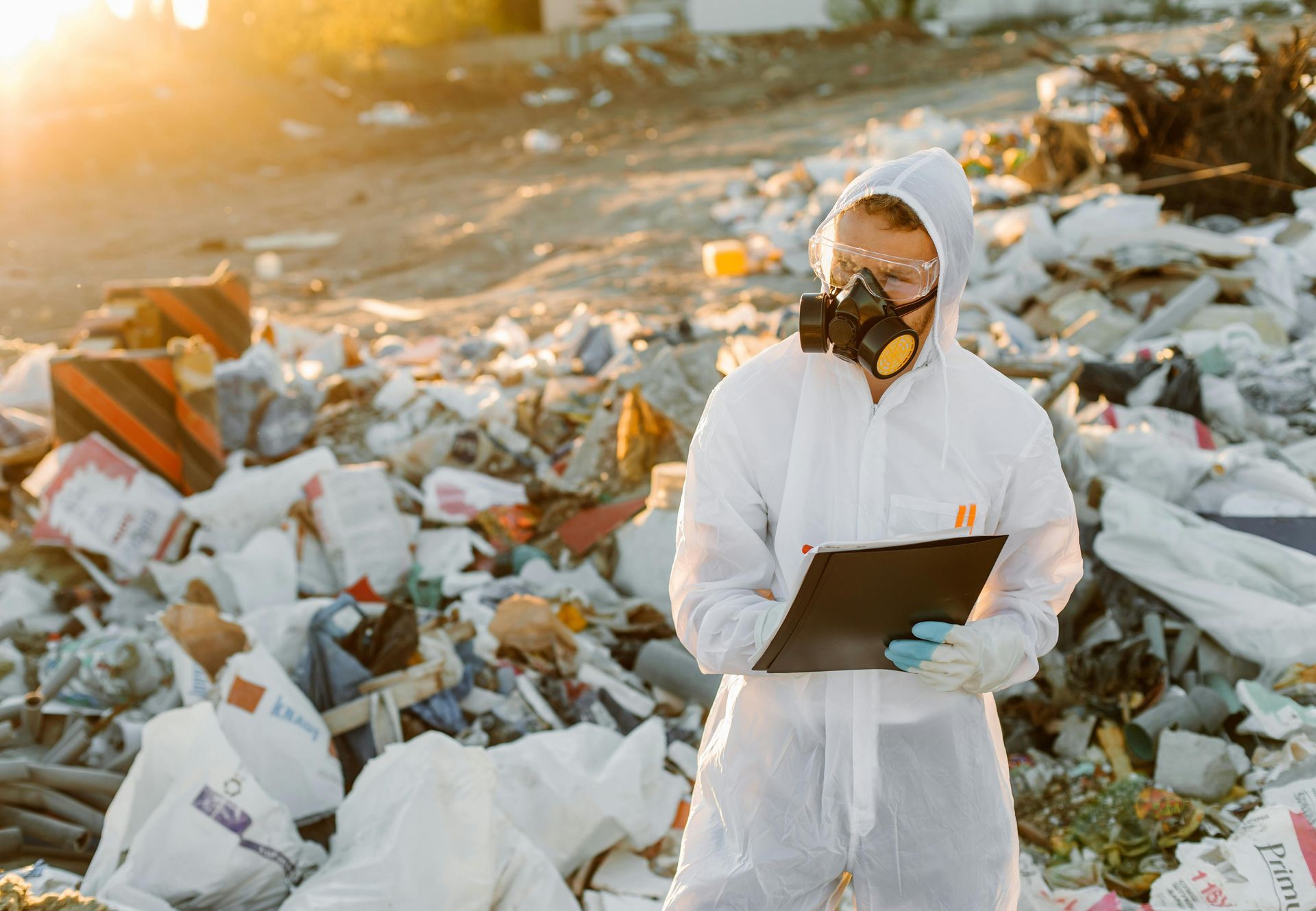 Workers in yellow hazmat suits, masks, and gloves sorting through bins of white objects in a warehouse.