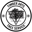 Black and white Timber Arts Tree Service logo: tree within a triangle inside a circle, with text around.