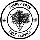 Timber Arts Tree Service logo: tree inside a triangle, surrounded by text and circular border.