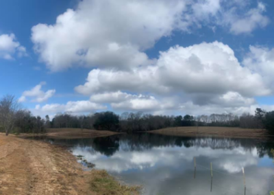 Puffy white clouds reflect in calm water; trees line the far bank under a bright blue sky.