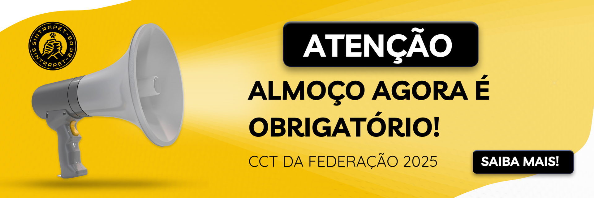 Uma placa amarela com um megafone e a palavra atenção em vermelho