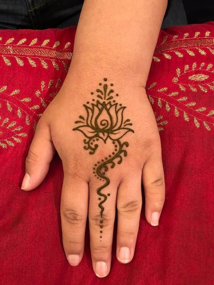 A woman 's hand with a henna tattoo on it