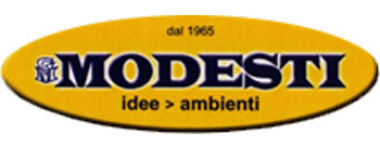 Logo ovale giallo con la scritta MODESTI e idee ambienti
