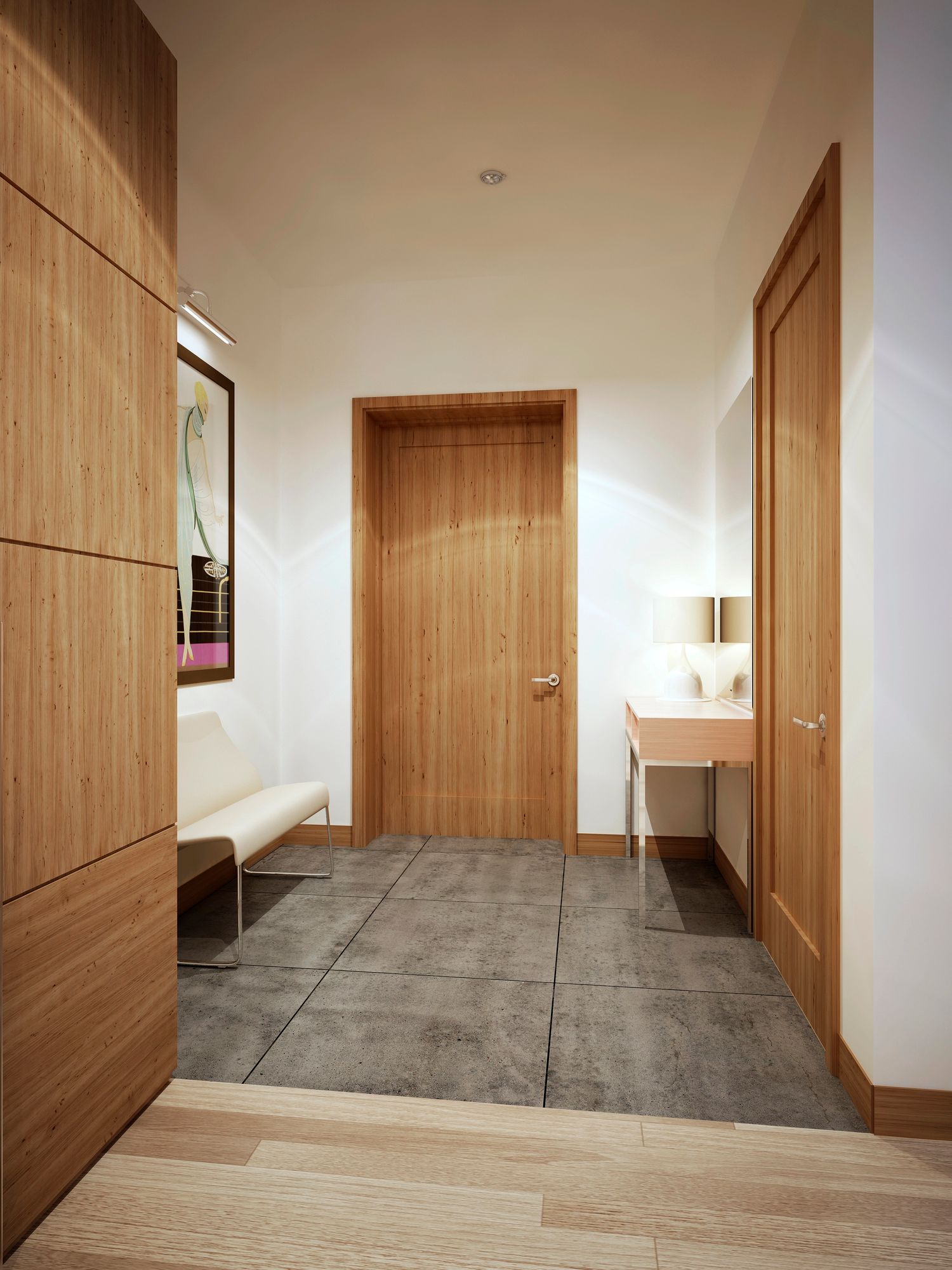 Corridoio in legno con pareti chiare, porte e una panca. Tappeto grigio.
