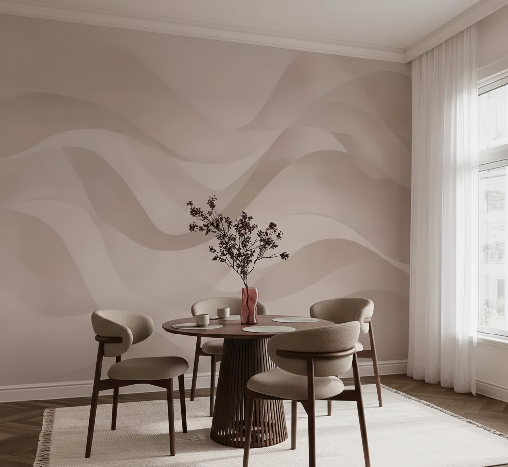 Sala da pranzo con tavolo rotondo, quattro sedie e murale astratto in tonalità neutre.