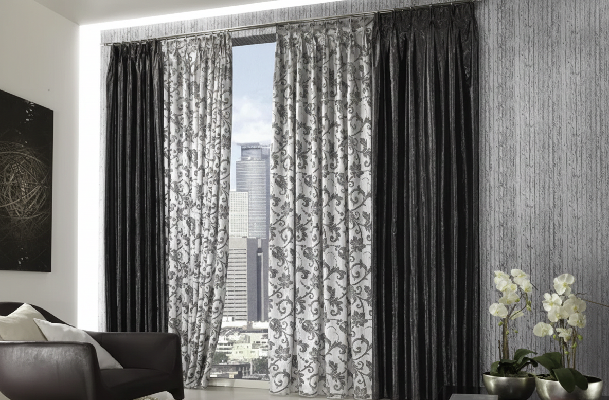 Finestra con tende grigie e fantasia chiuse, vista sullo skyline della città.