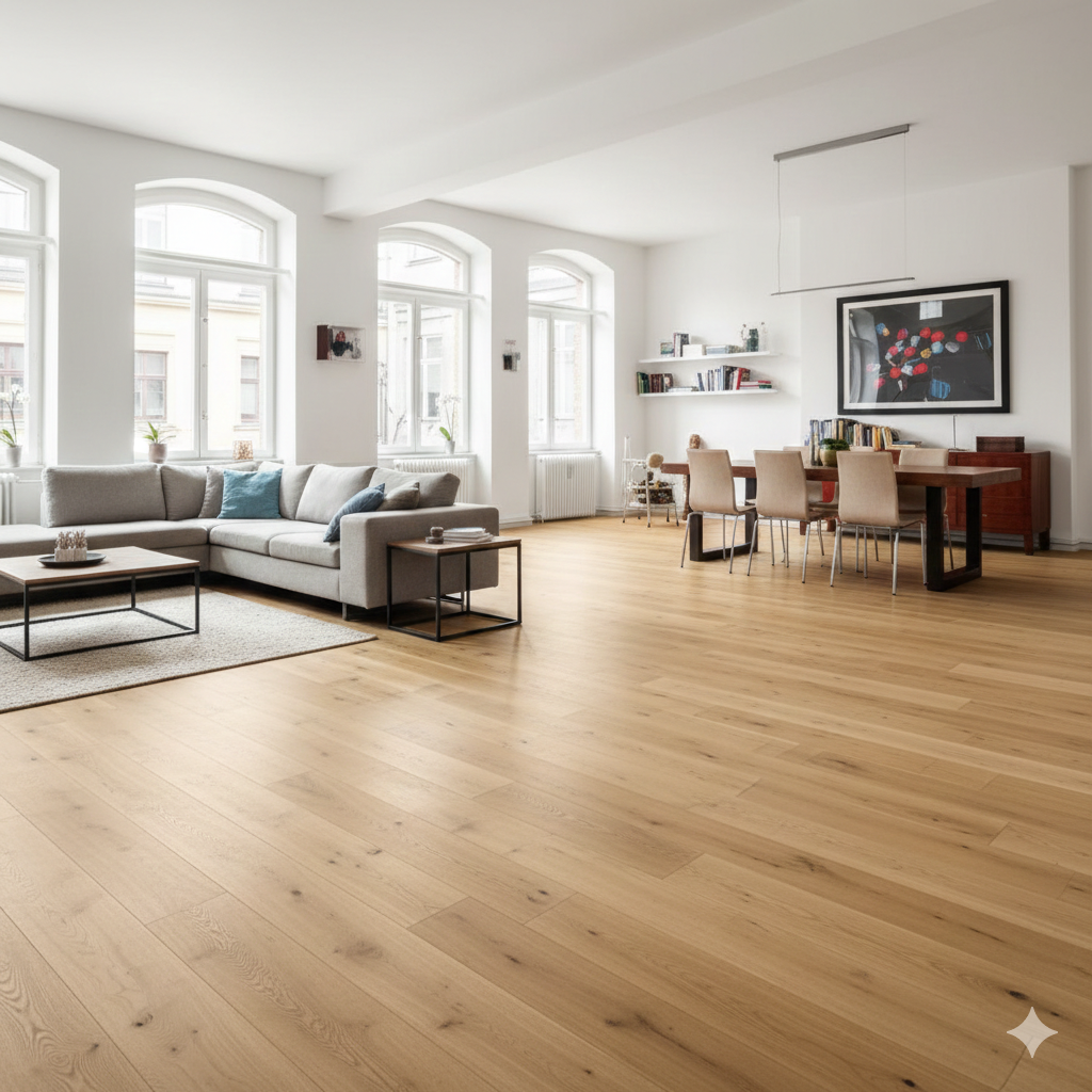 Ampio soggiorno con pavimenti in legno chiaro, divano componibile grigio e zona pranzo con tavolo in legno.