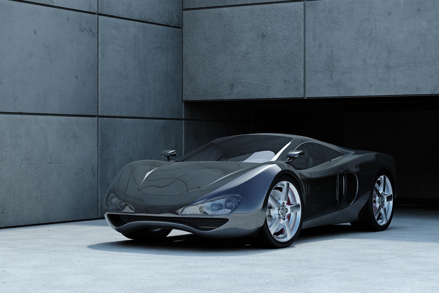 A black sports car is parked in a garage.