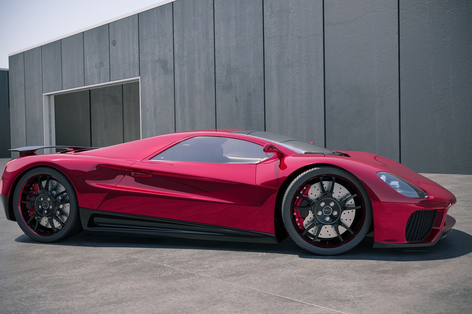 A red sports car is parked in front of a building.