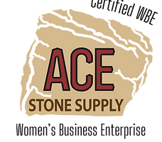 Logo for Ace Stone Supply: brown and red text on a light brown stone background. Certified WBE. Women's Business Enterprise.