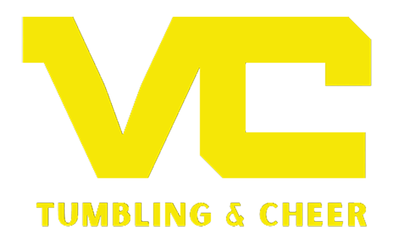 A yellow logo for tumbling and cheer on a white background.