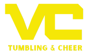 A yellow logo for tumbling and cheer on a white background.