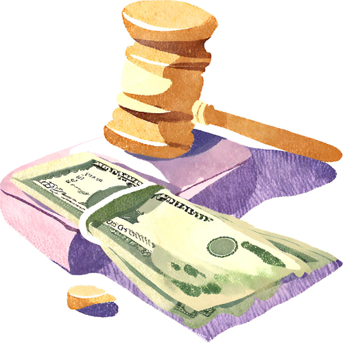 Watercolor of a gavel and money at an auction