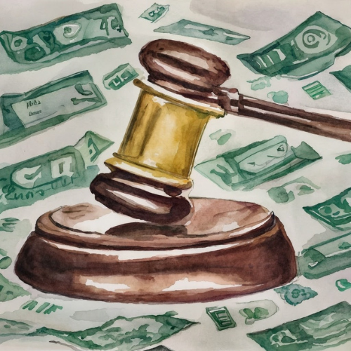 Watercolor painting of a gavel and money.