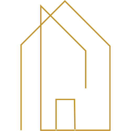 Noble House logo, outline of a house in gold.