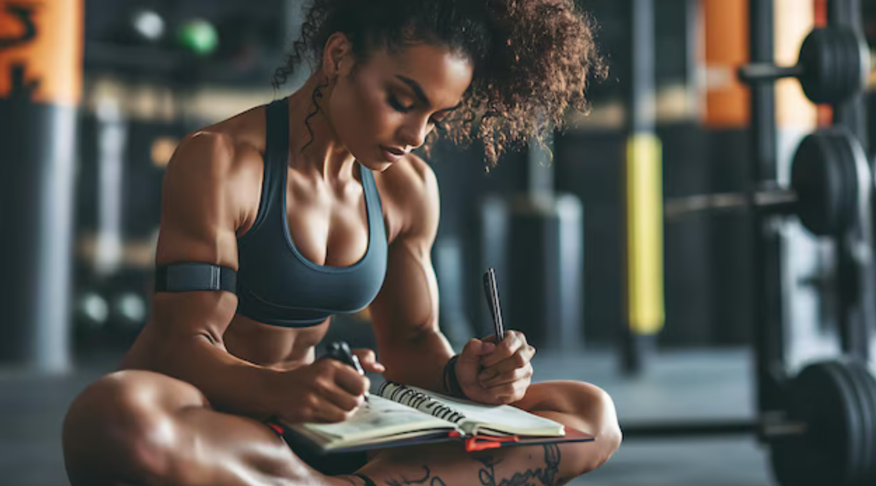 A woman is sitting on the floor in a gym writing in a notebook.