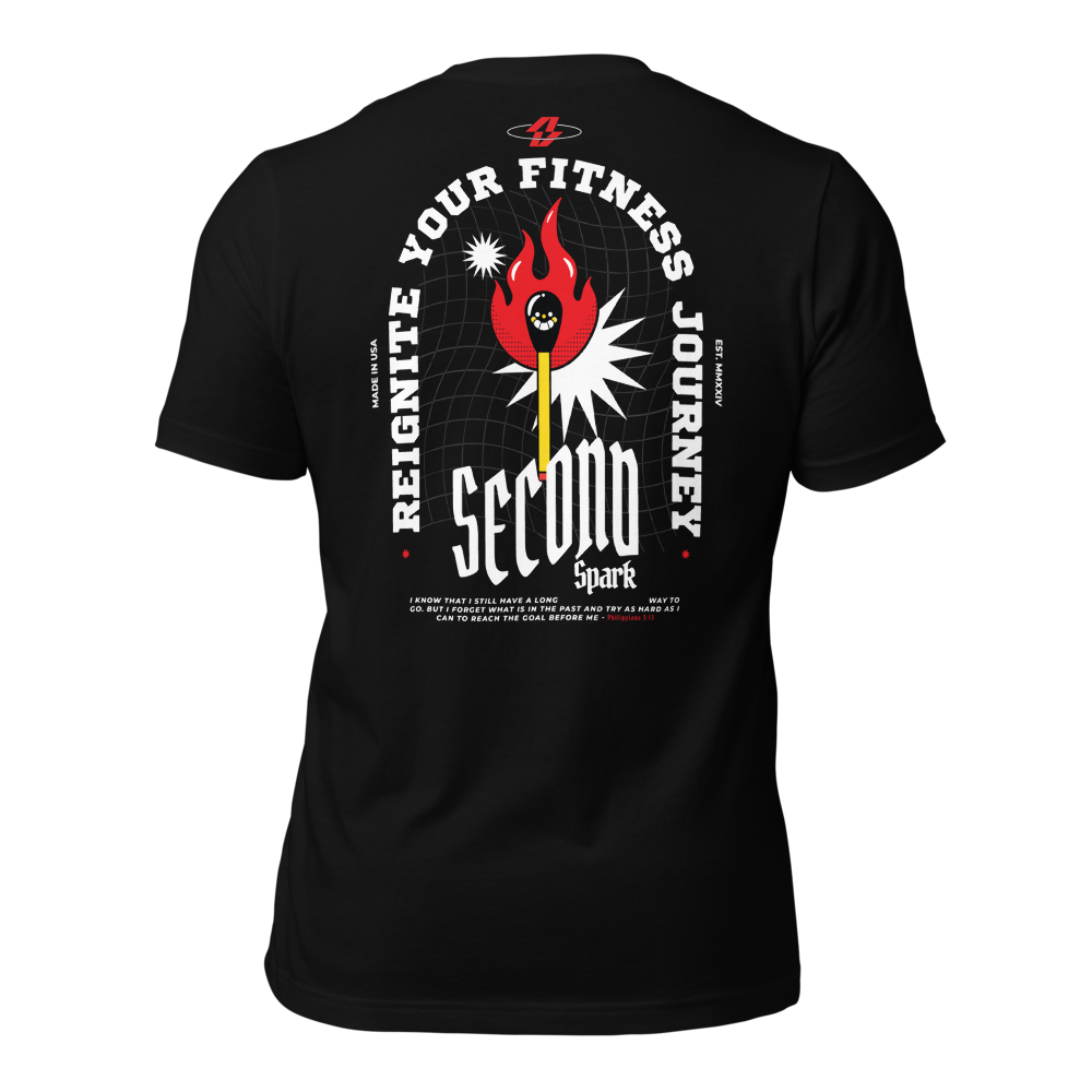 The back of a black t-shirt says second spark