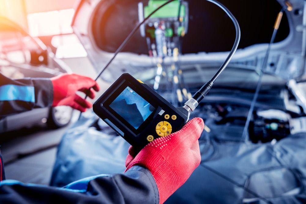 Mechanic Using a Handheld Inspection Camera Under a Car Hood — Fischer Automotive in Svensson Heights, QLD