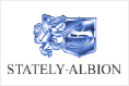 The stately albion logo is a blue shield with a lion on it.