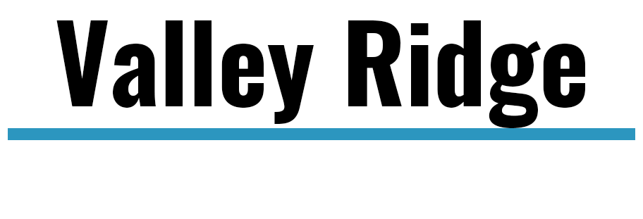 the logo for valley ridge is blue and black on a white background .