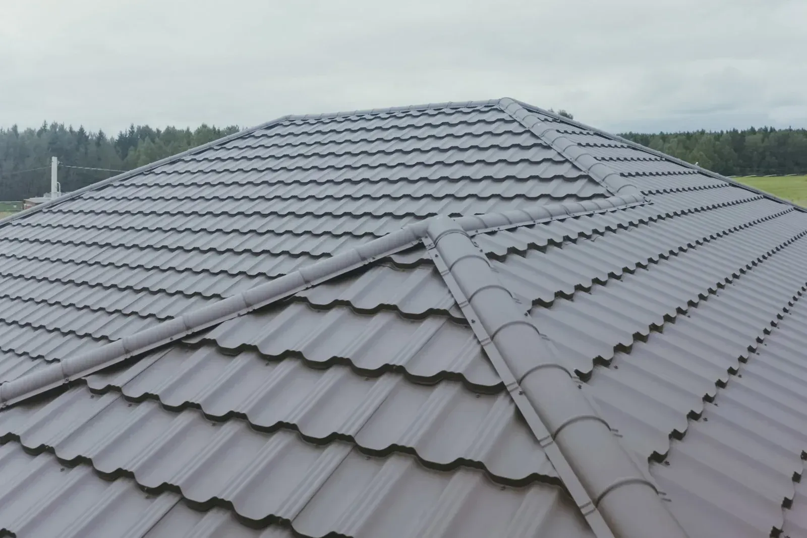 Brown metal tile roof on a house, set against a gray sky and trees.