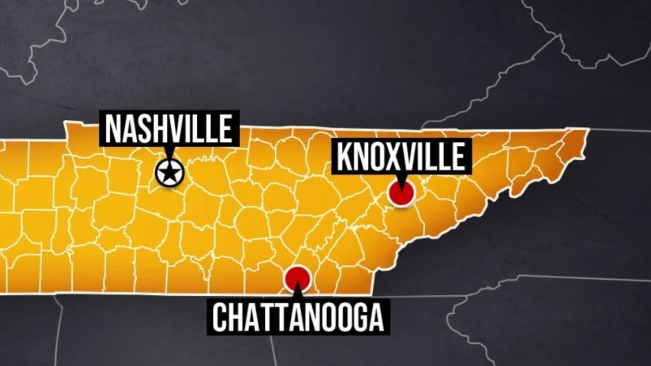 Map of Tennessee highlighted in orange with Nashville, Knoxville, and Chattanooga labeled.