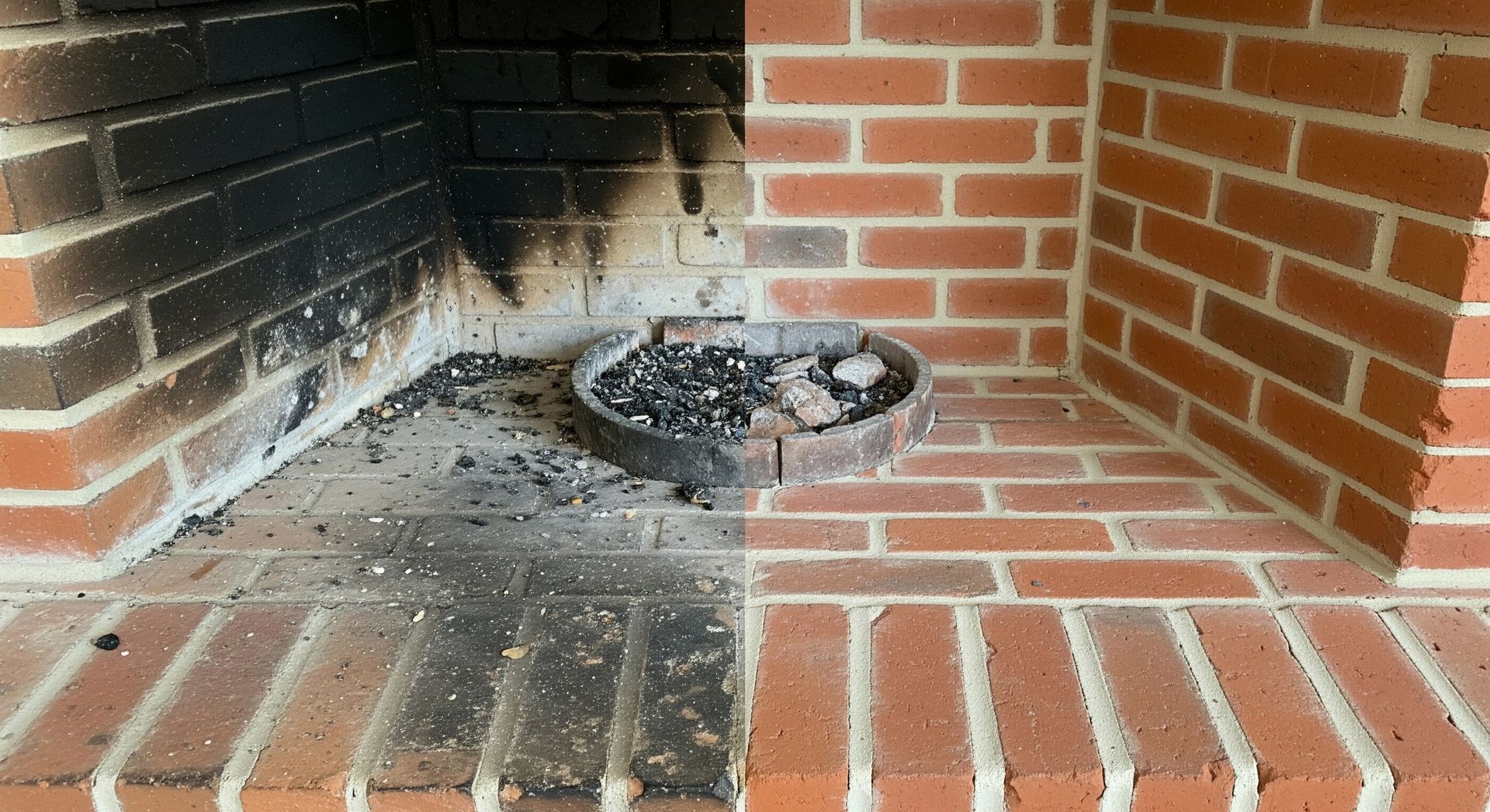 Comparison of sooty and restored brick fireplace hearth showcasing clear cleaning contrast.] 