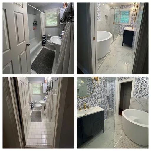 A collage showing before and after photos of a bathroom remodel featuring a new vanity, soaking tub, and wallpaper.