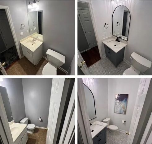 Before and after photos of a half-bath featuring a vanity replacement, new mirror, updated flooring, and wall art.