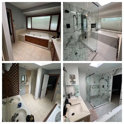 Before and after renovation photos of a bathroom showing a tub, vanity, and a new walk-in shower with marble tile.