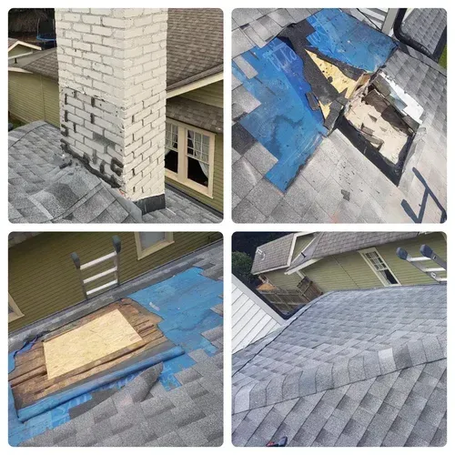 A collage of four pictures of a roof being repaired.
