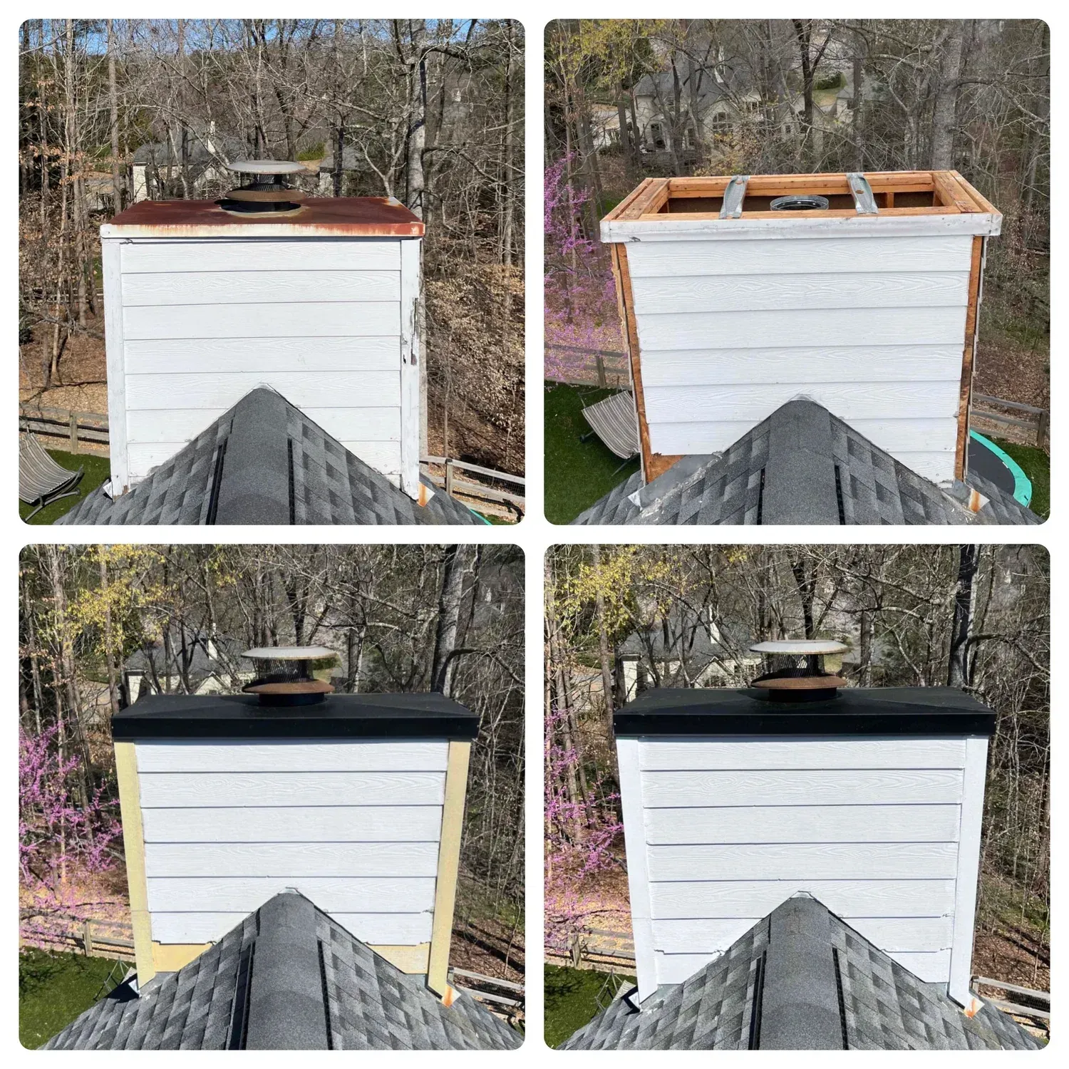 A brick chimney on top of a black roof