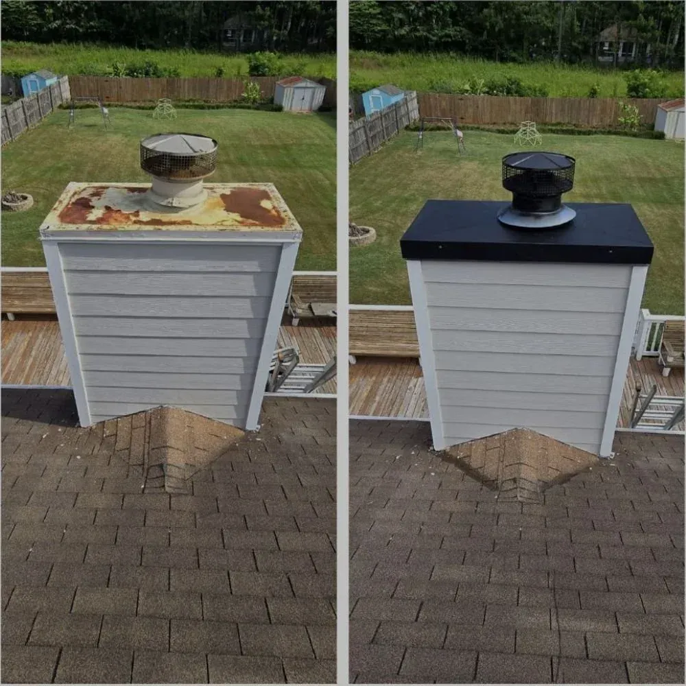A before and after picture of a chimney on a roof.