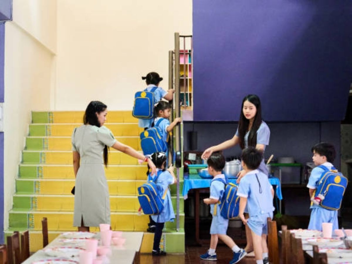 Teachers guiding young children with backpacks in a daycare setting, fostering early education.