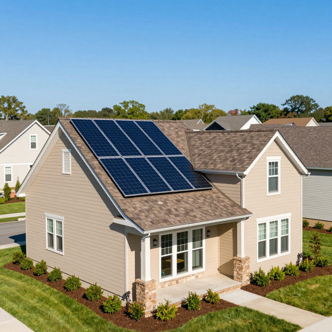 Suburban house with solar panels on the roof and a landscaped front yard