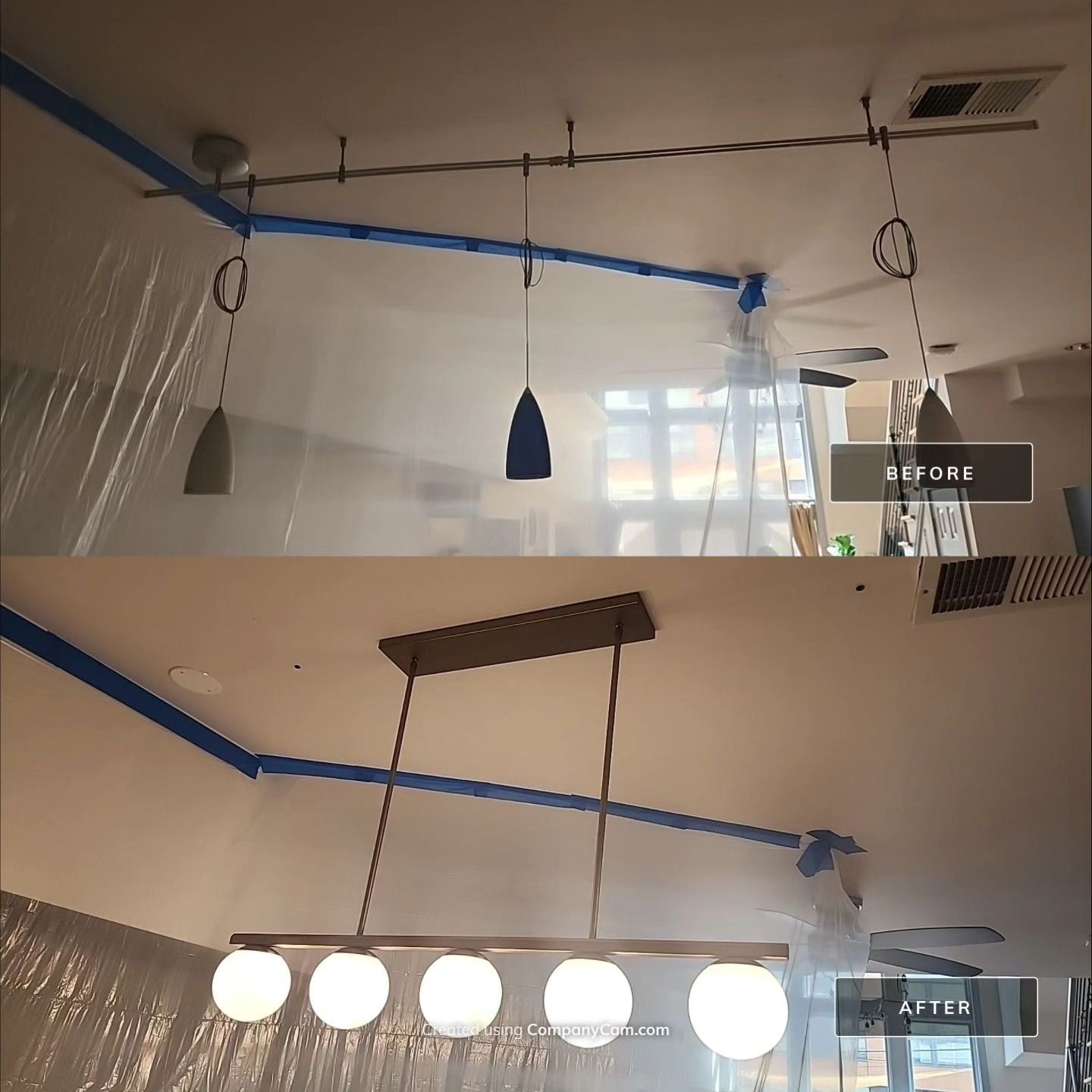 Before-and-after ceiling light installation with blue painter’s tape and hanging fixture rods in a room