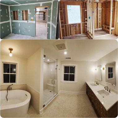 Bathroom renovation before-and-after collage: gutted walls and a finished white bathroom with tub, shower, and vanity.