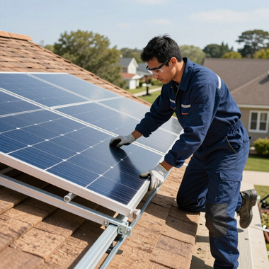 Technician installing solar panels on a rooftop, wearing blue work clothes and gloves.