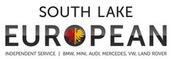 South Lake European auto service logo with black text and a red-yellow lion emblem