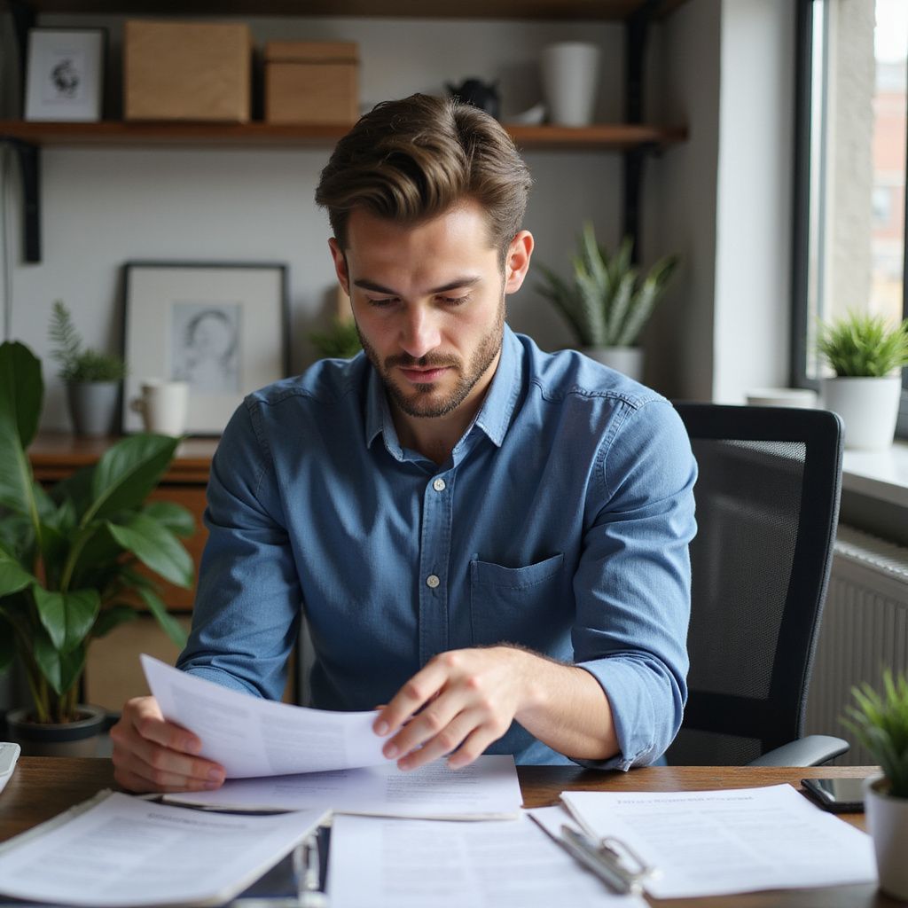 Man at desk reviewing papers, wearing blue shirt, home office setting.