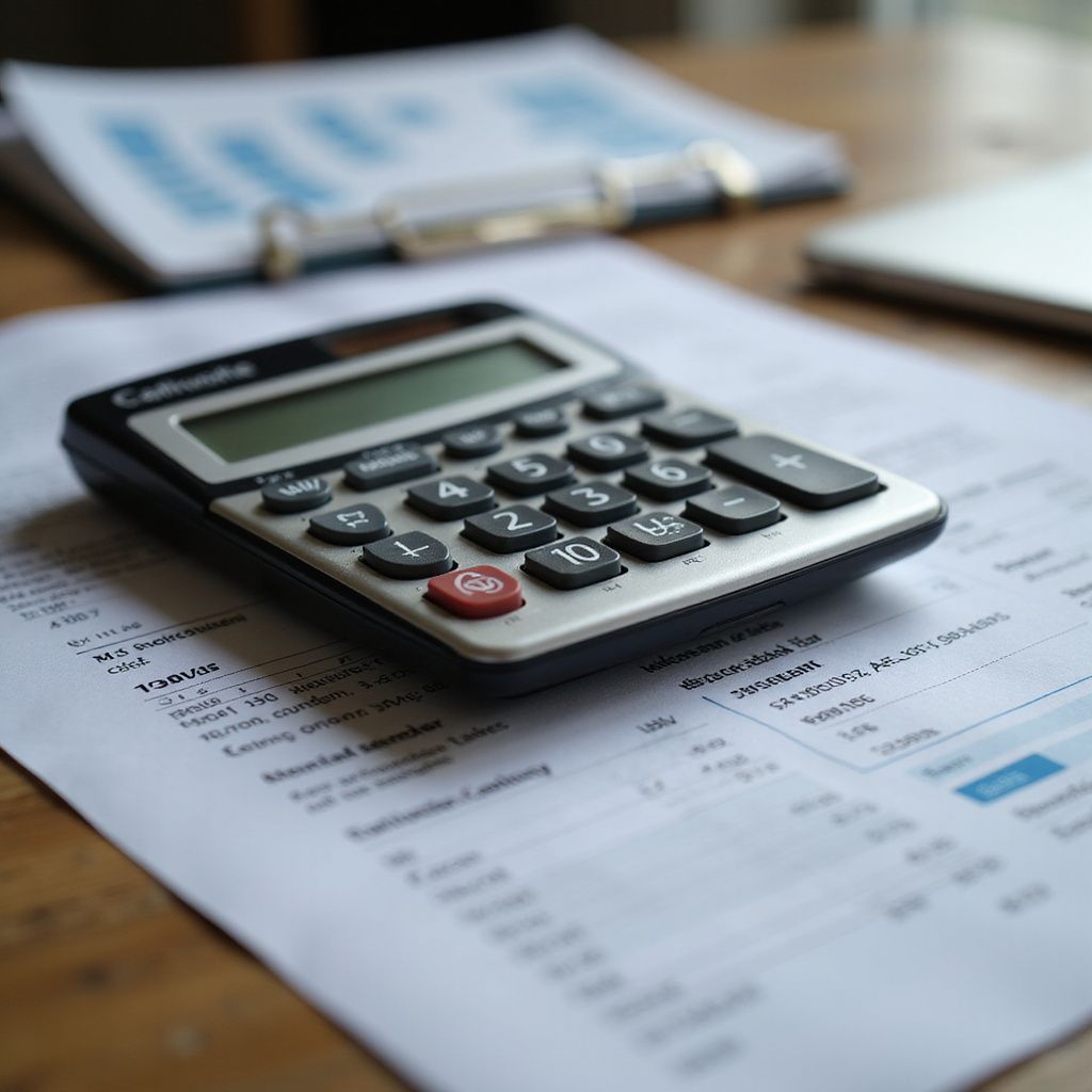 Calculator on top of financial documents with a clipboard and laptop in the background.