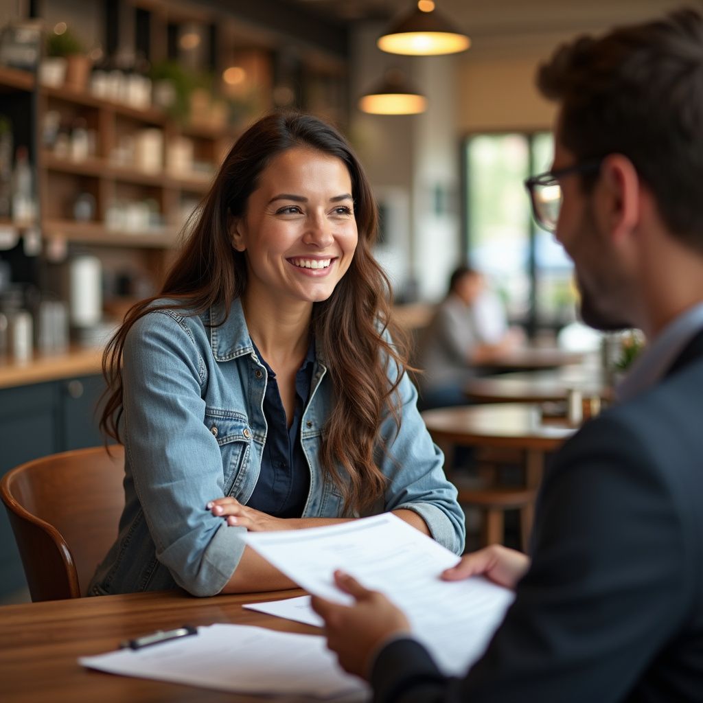 Woman smiling at a man holding papers, seated at a table in a cafe setting.