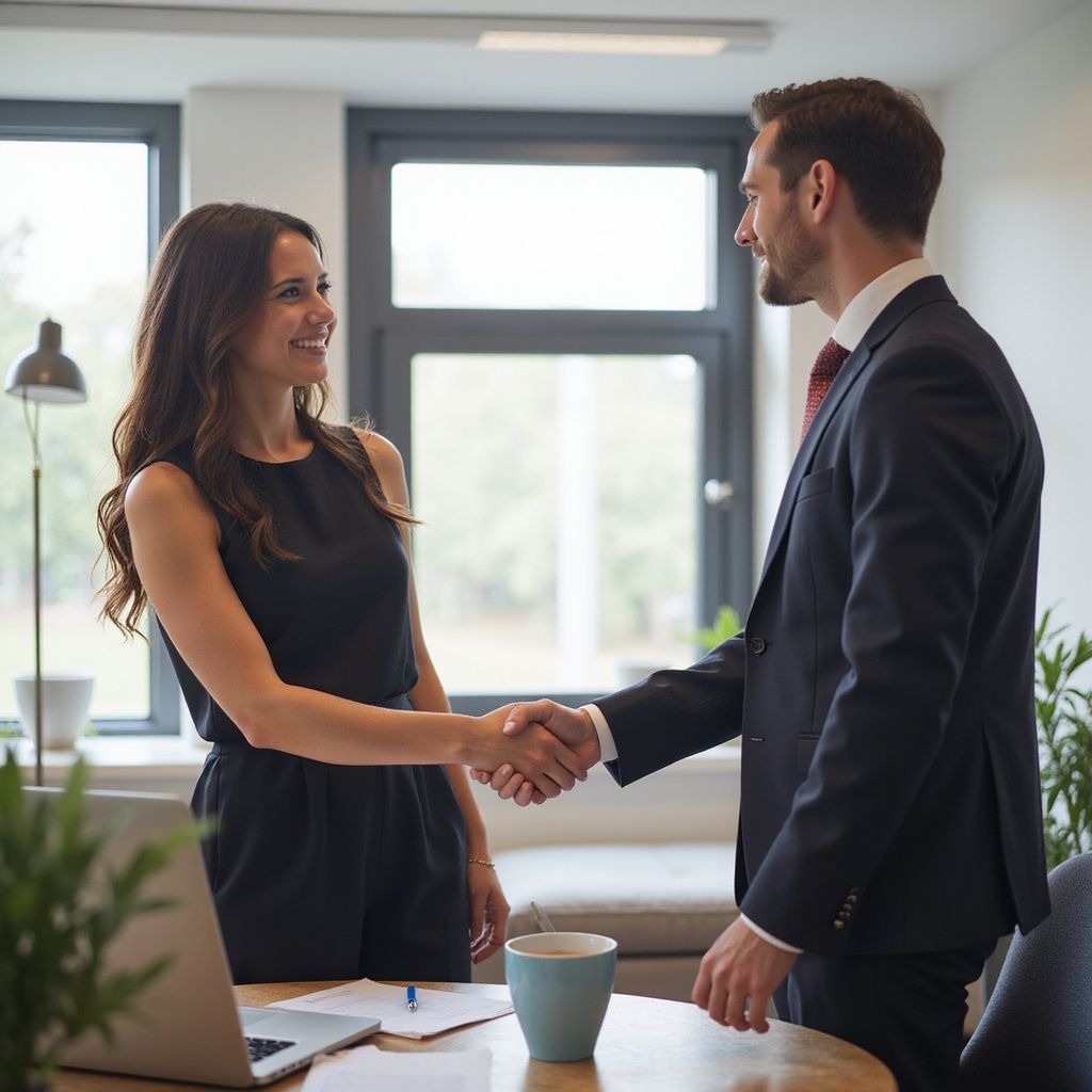 Woman and man in business attire shaking hands, smiling in an office setting.